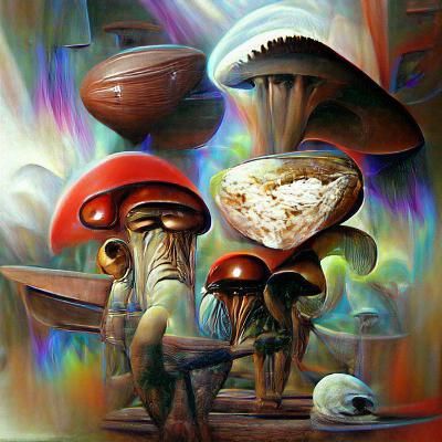 Psychedelic Mushroom Ships in Oil Painting Style