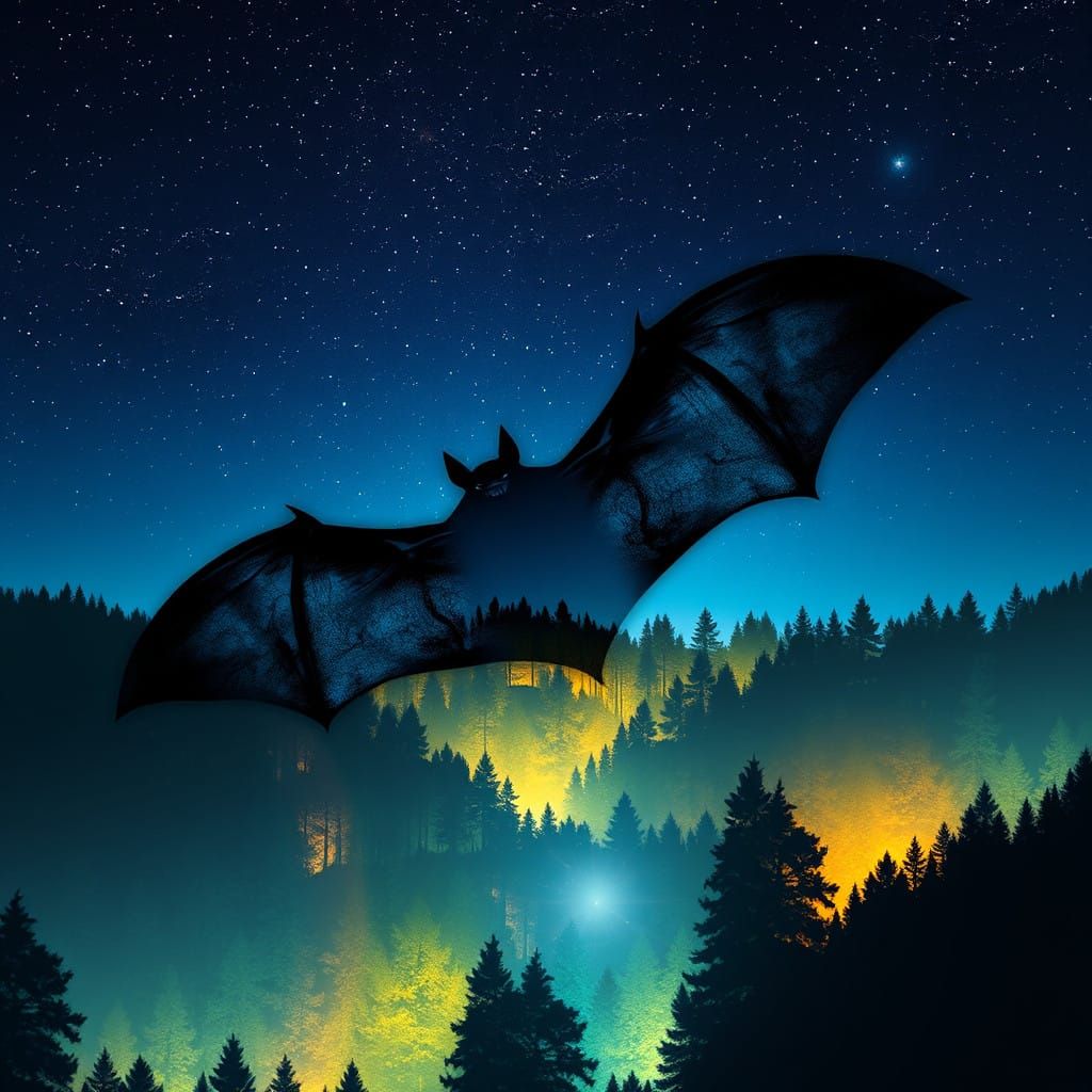 Majestic Bat in Starry Night Forest, Double Exposure Masterp...