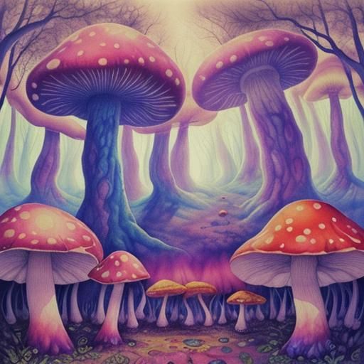 Psychedelic Giant Mushrooms in Surrealist Forest
