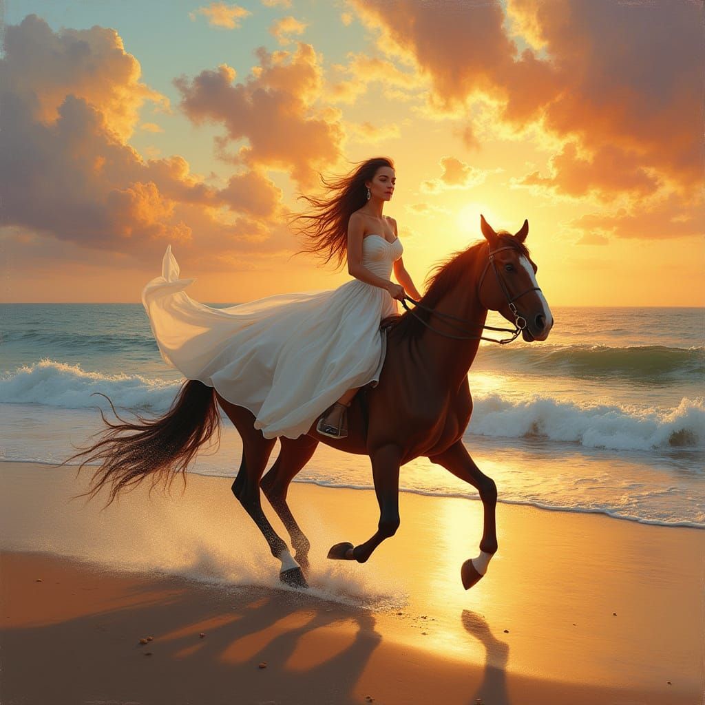 Maiden on Horseback at Sunset in Romantic Style