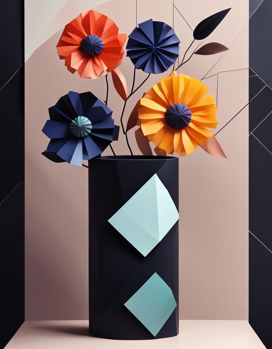 Geometric Still Life Vase with Flower Bouquet