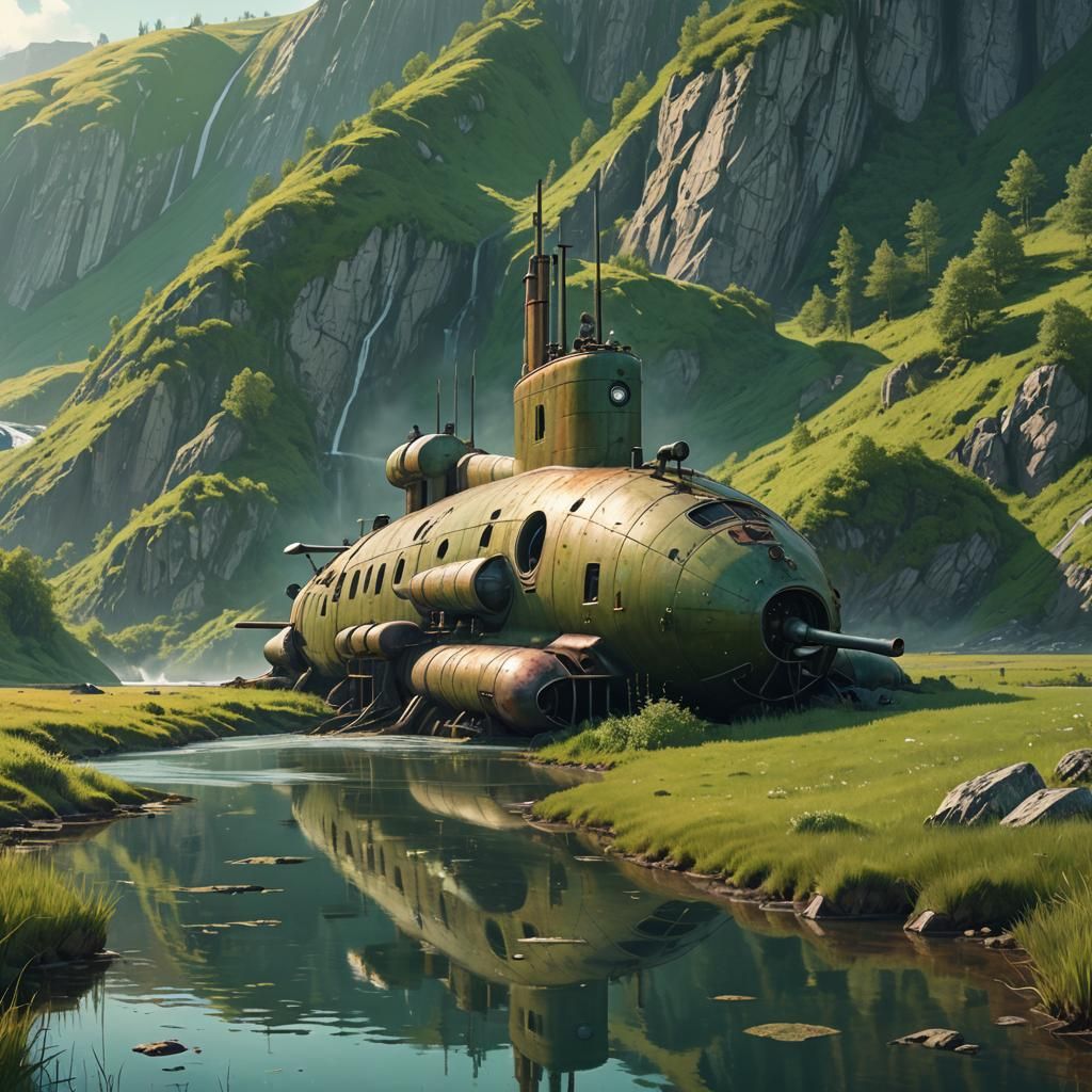 Submarine in Swiss Hills: Steampunk Fantasy Art