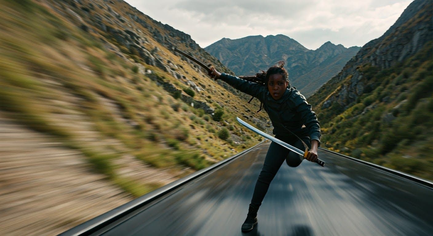 Brave Woman on Train with Katana: Action Movie Still