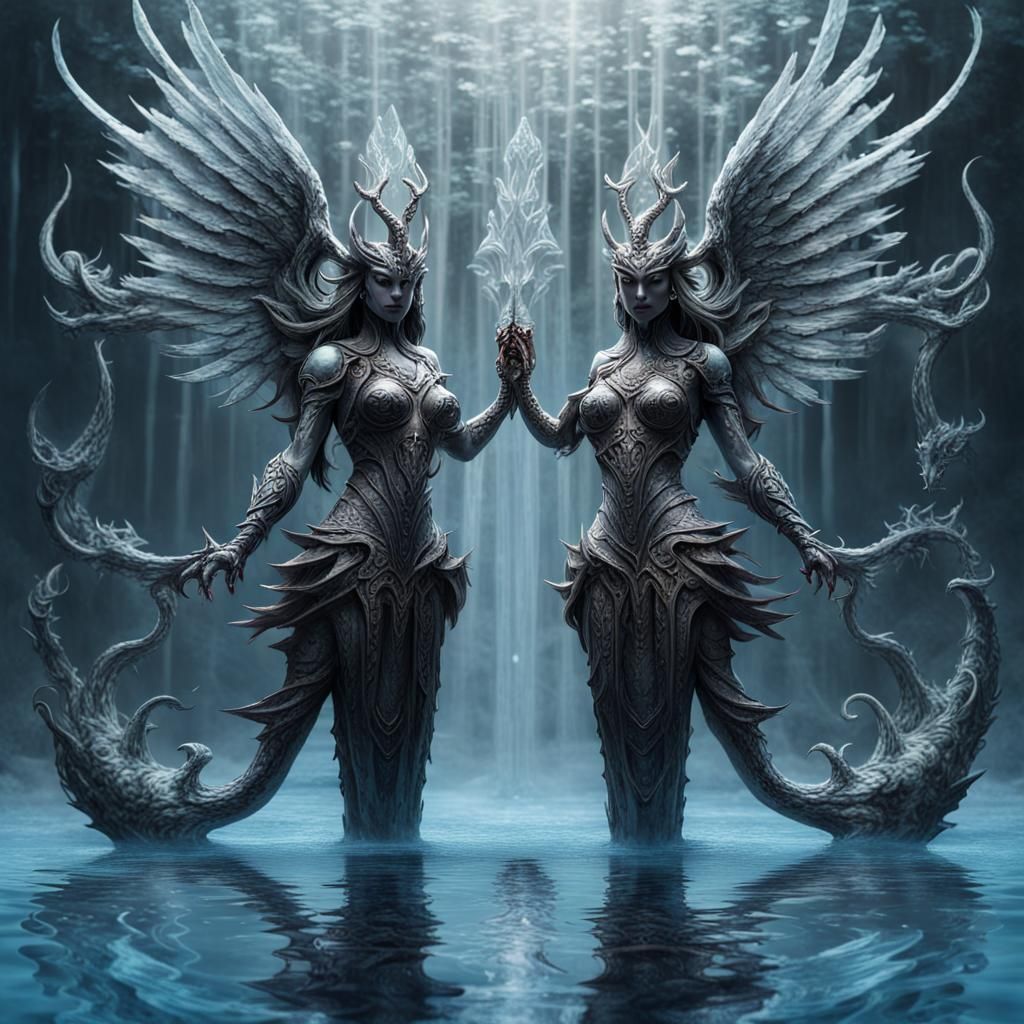 Mirrored Armored Demons in Baroque Ice Sculpture Style