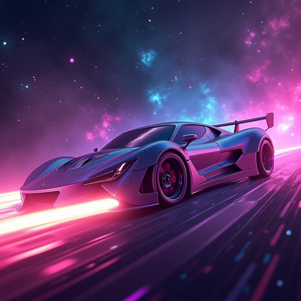 Iridescent Supercar Soaring Through a Nebula