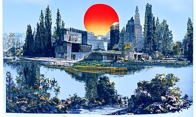 Concrete Buildings in Peach Forest by Clear River