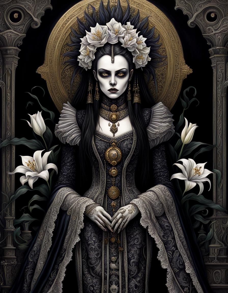 Gothic Horror Girl in Iridescent Lilies