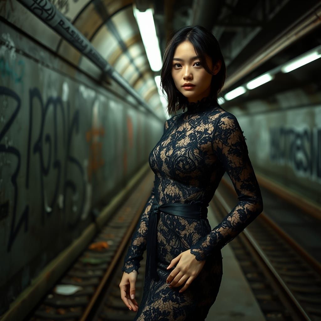 Model in Black Lace Dress in Subway, Photorealistic