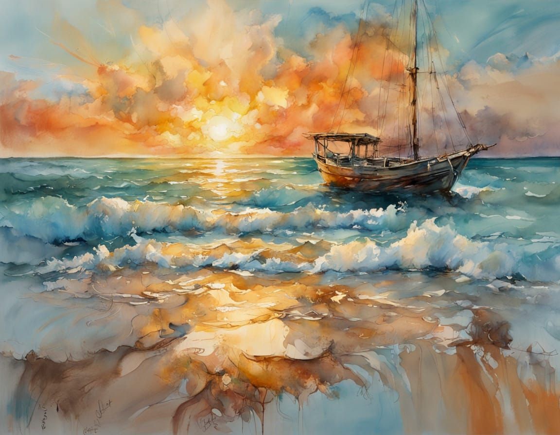 Serenely Dreamy Beach Scene at Sunset