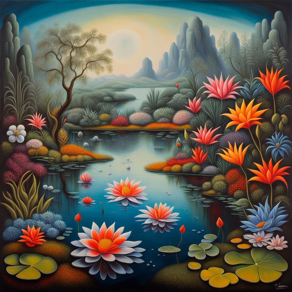 Surreal Exotic Flowers in a Dreamlike Landscape