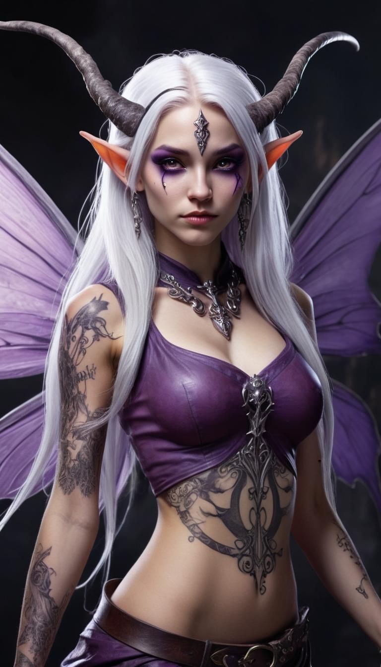 Tattooed Purple Fairy with Horns and Wings