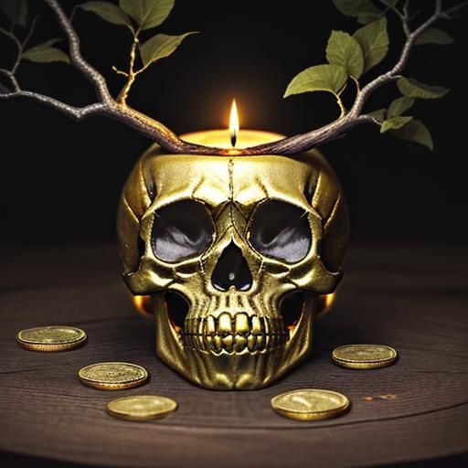Skull with Gold Coins and Candle