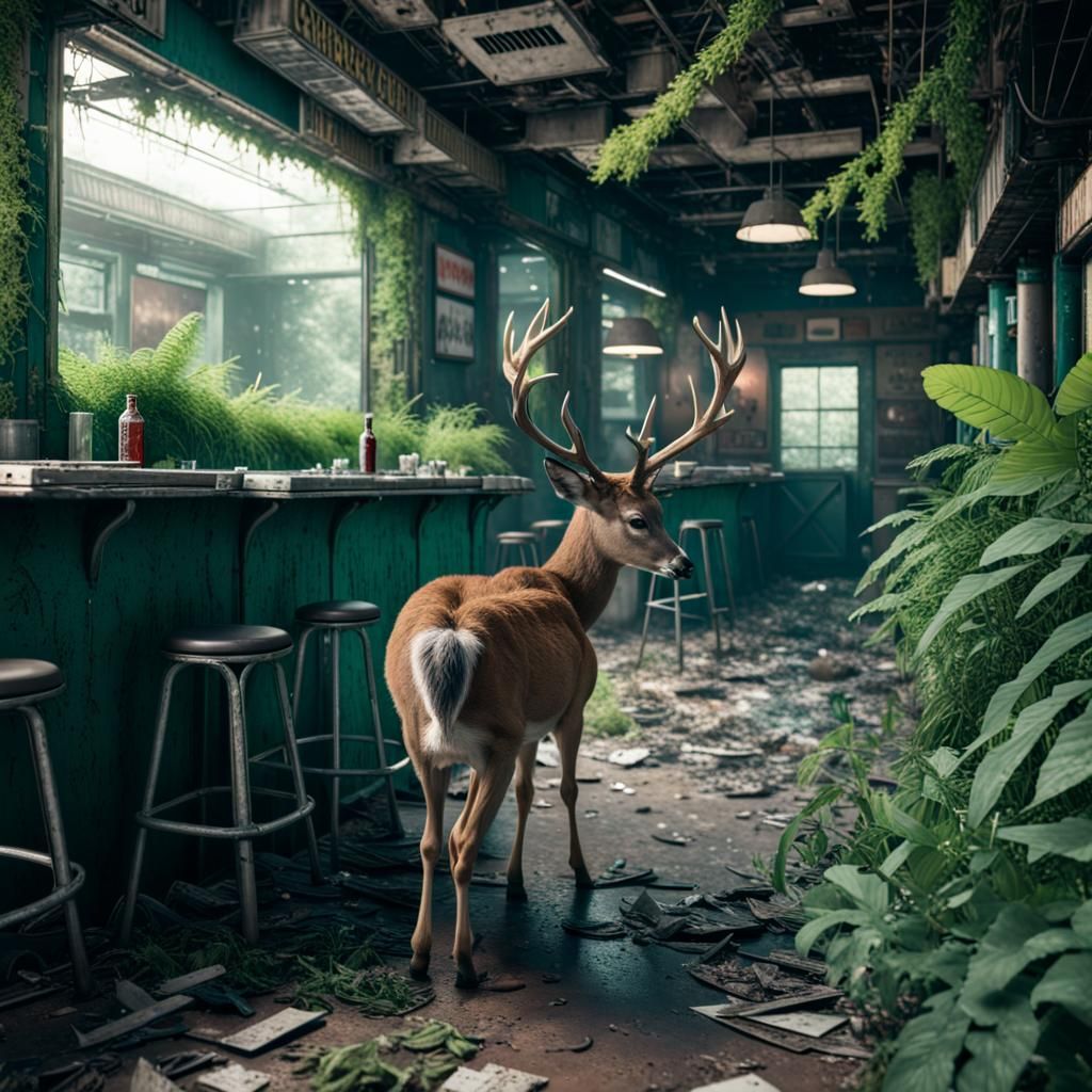 Deer in Abandoned Dive Bar Post-Apocalyptic Scene