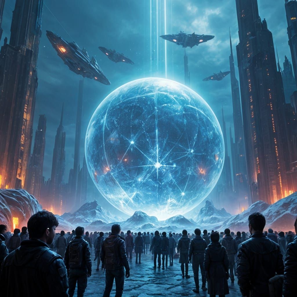 Futuristic Crowd Gathers Around Electric Sphere