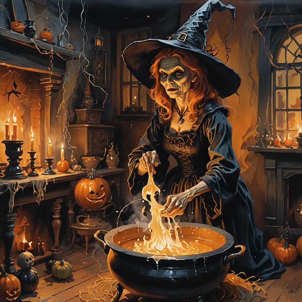 Vintage Halloween Witch Brews Potion, Gouache Style