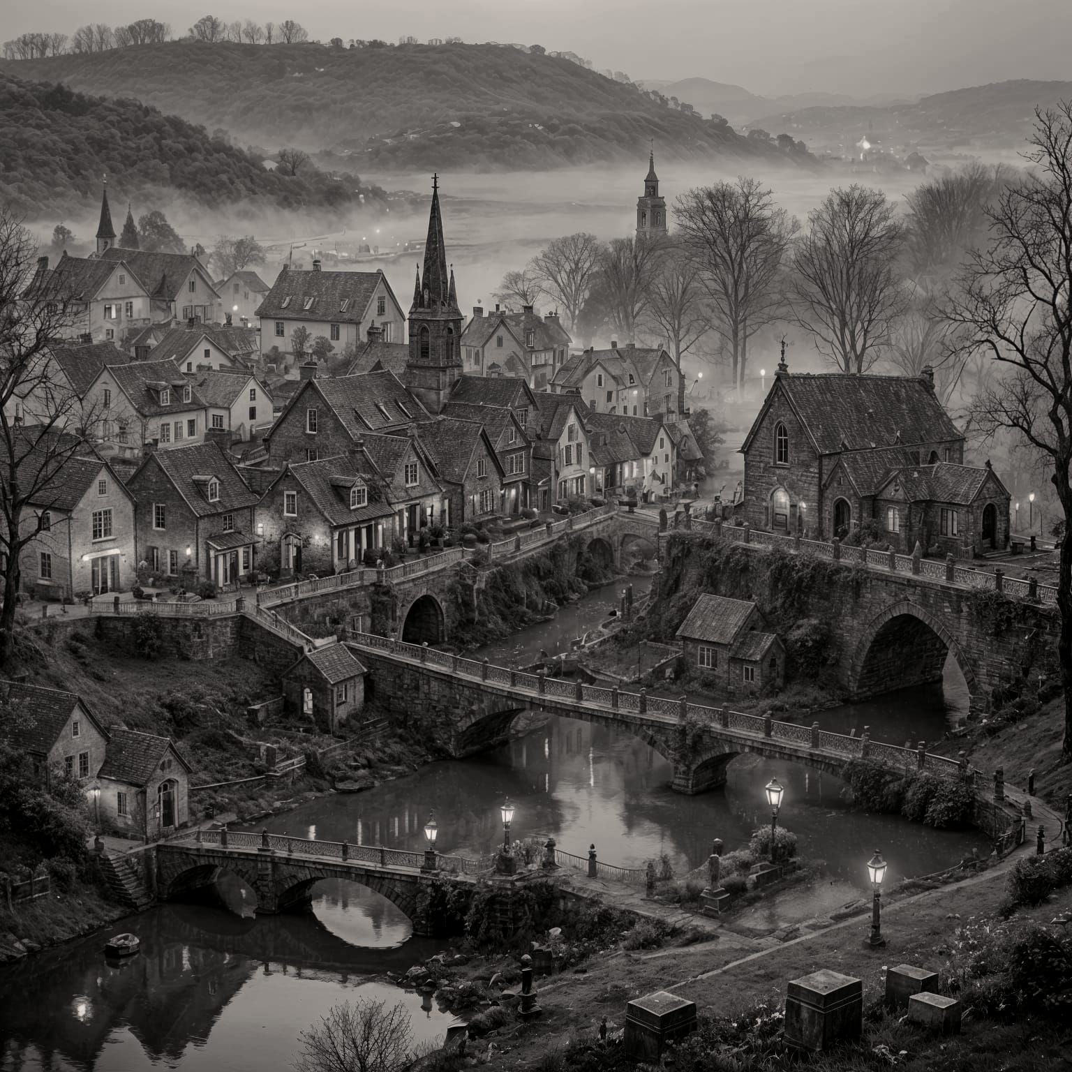 Rustic Village Scene with Church and Waterfront