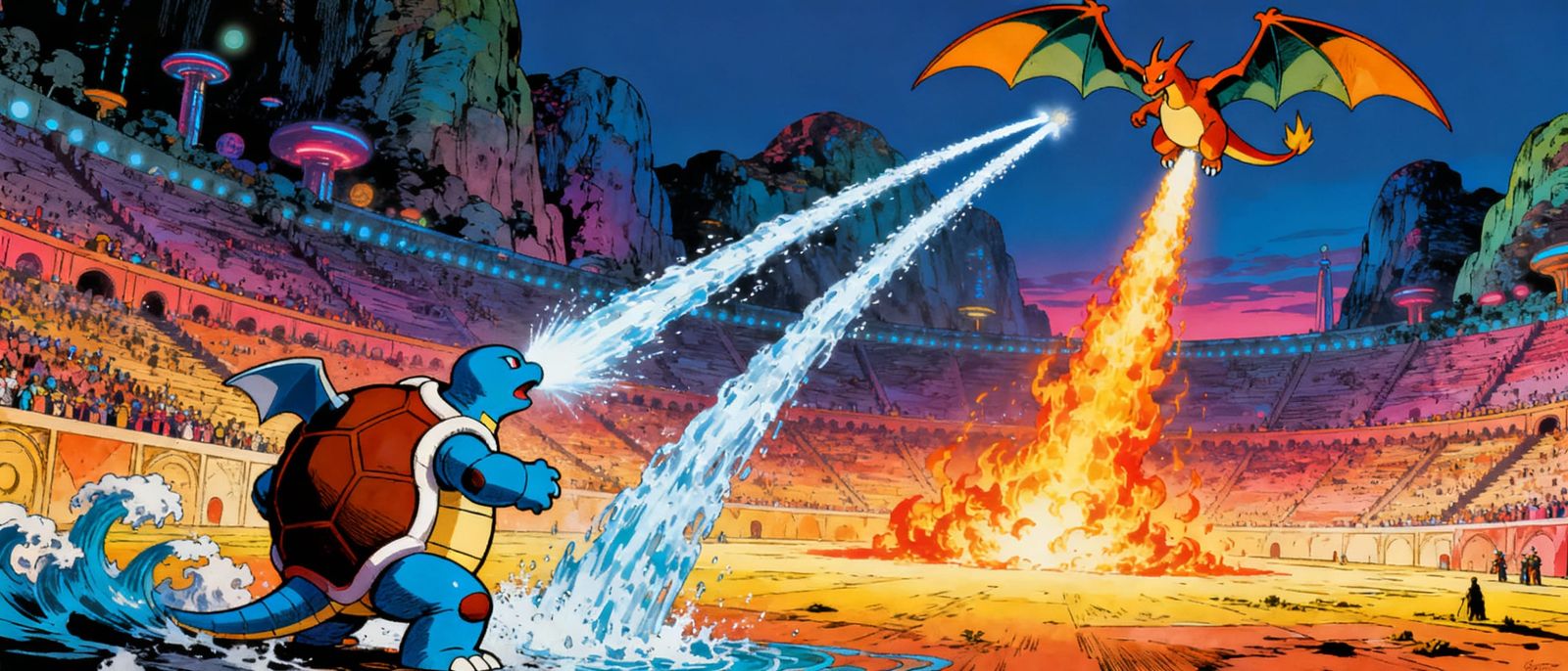 Epic Pokémon Battle: Blastoise vs Charizard in Surreal Arena