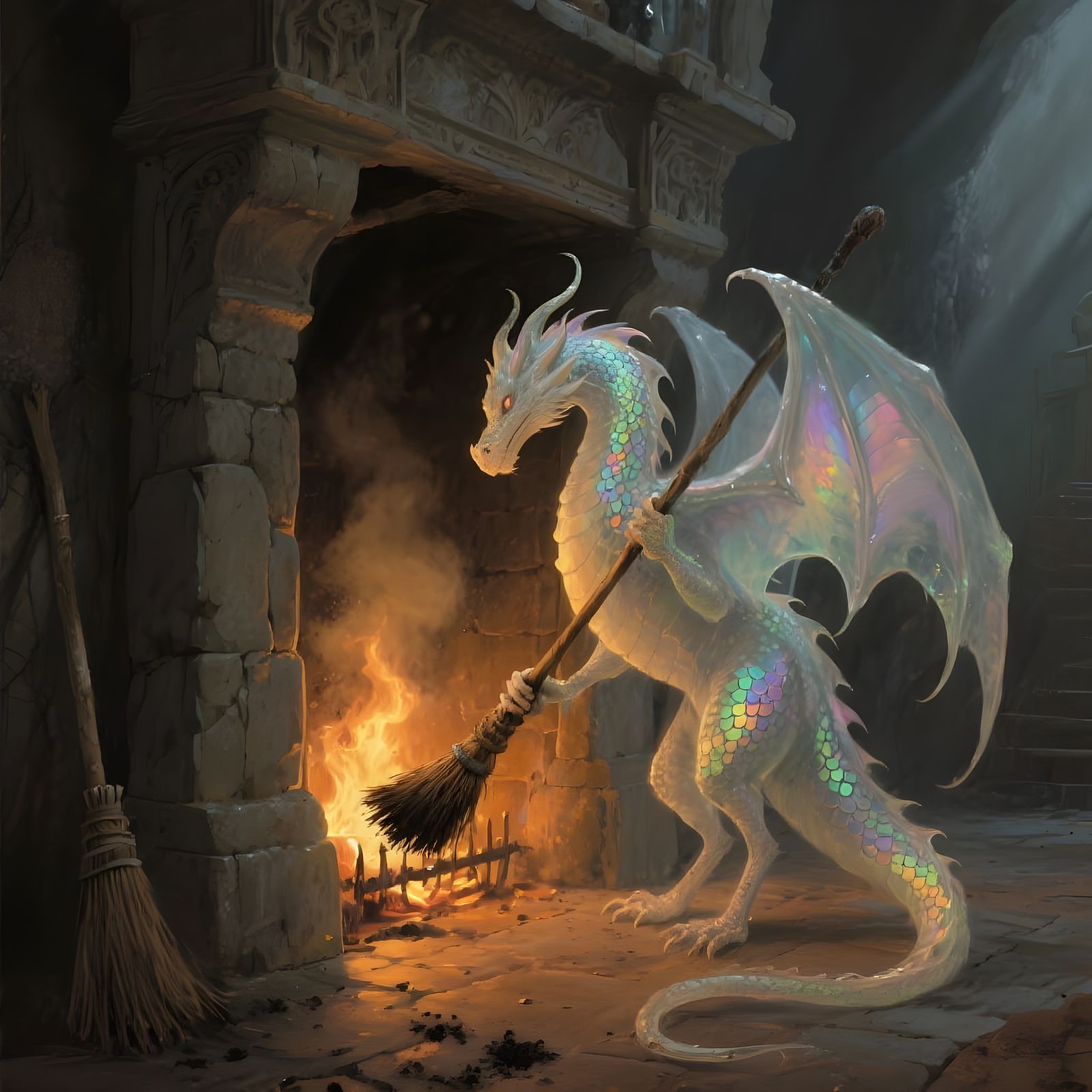 Translucent Dragon with Chimney Sweep Brush in Fireplace