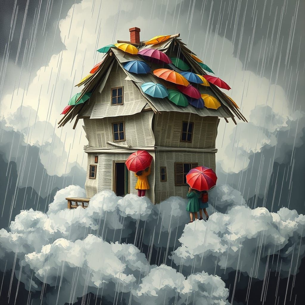 Newspaper House on Stormy Cloud in Whimsical Style