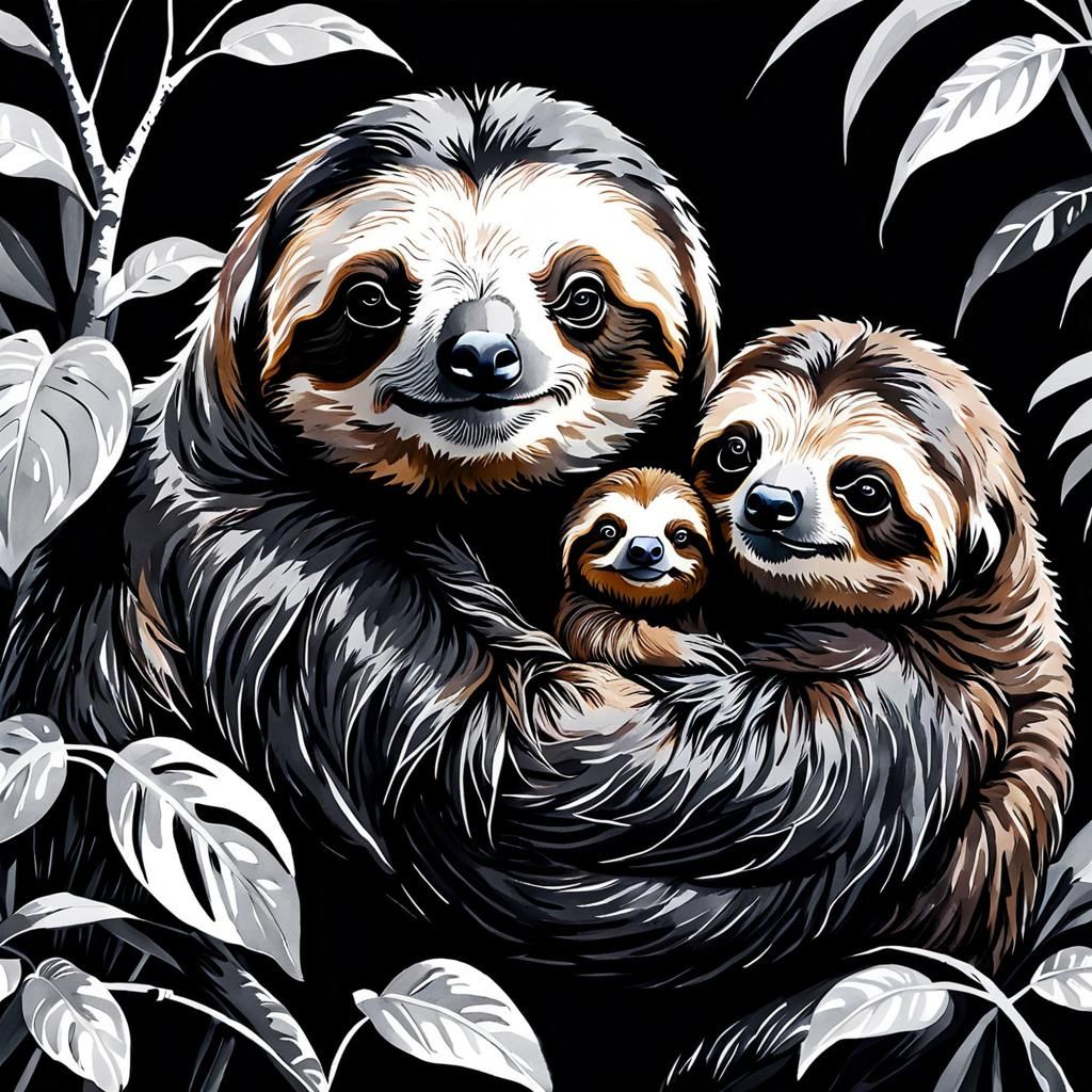 Ink Drawing of Mother and Baby Sloth