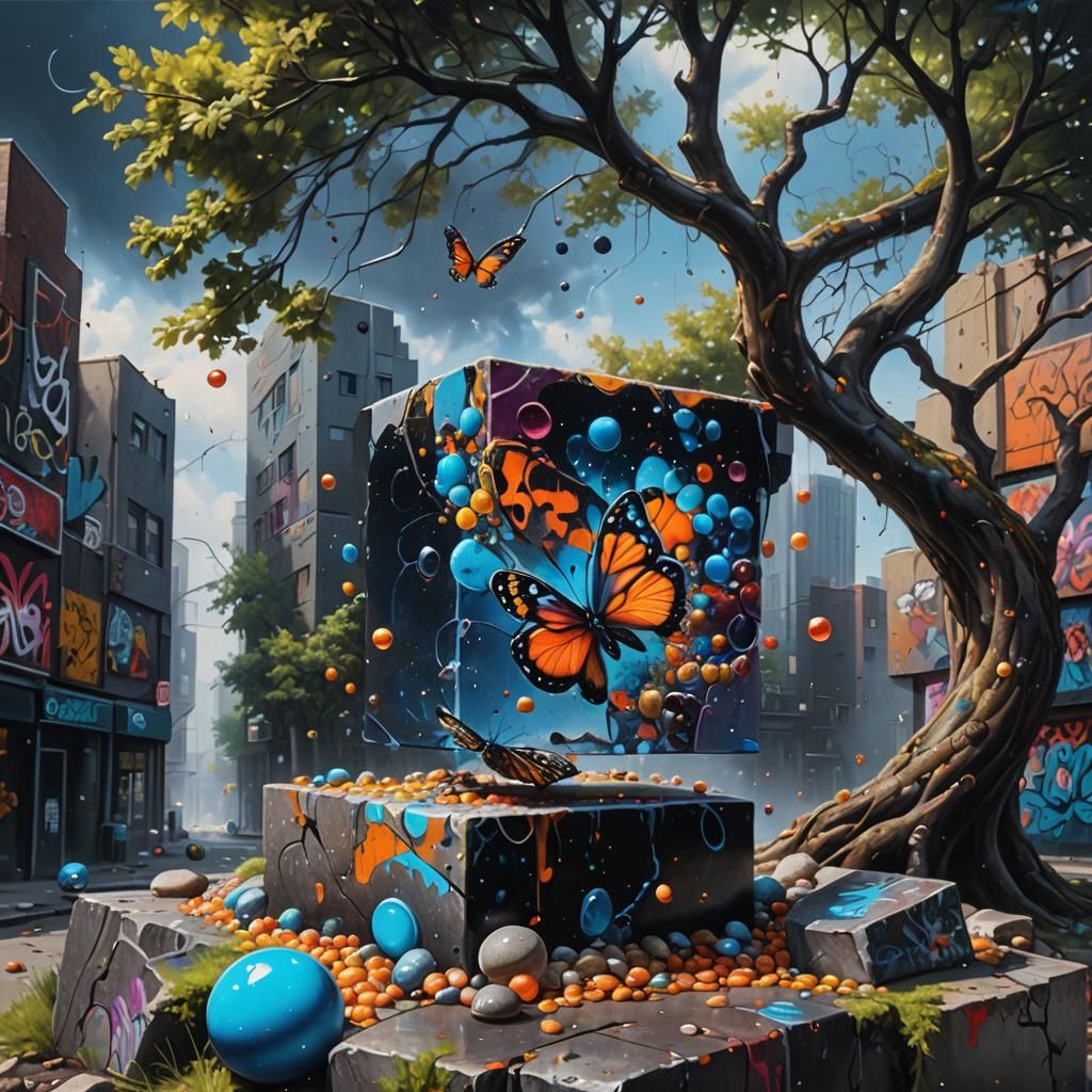 Butterfly on Infinity Cube as Oil Painting