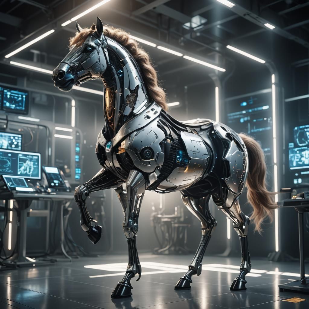 Sci-Fi Centaur with Metallic Prosthetics in Lab