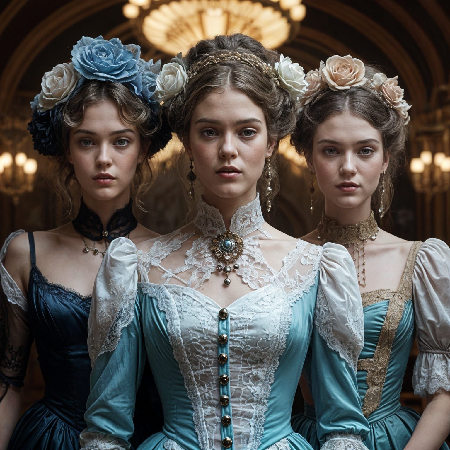 three beautiful sisters dressed in neo victorian eccentric style