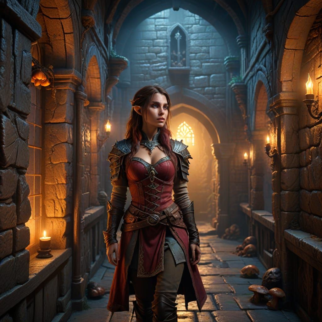 Elegant Half-Elf Rogue in Medieval Dungeon