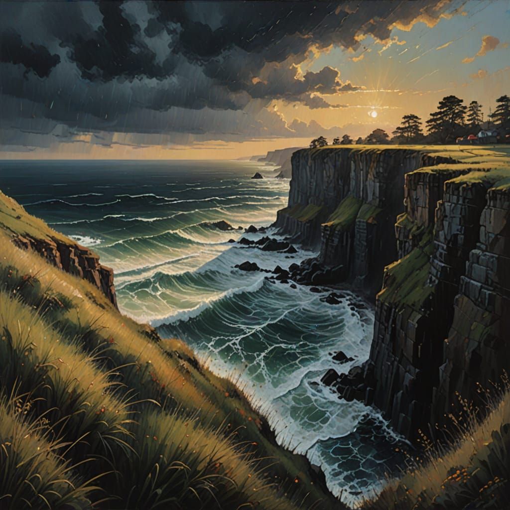 Dramatic Cliffside Oil Painting in Golden Hour Light