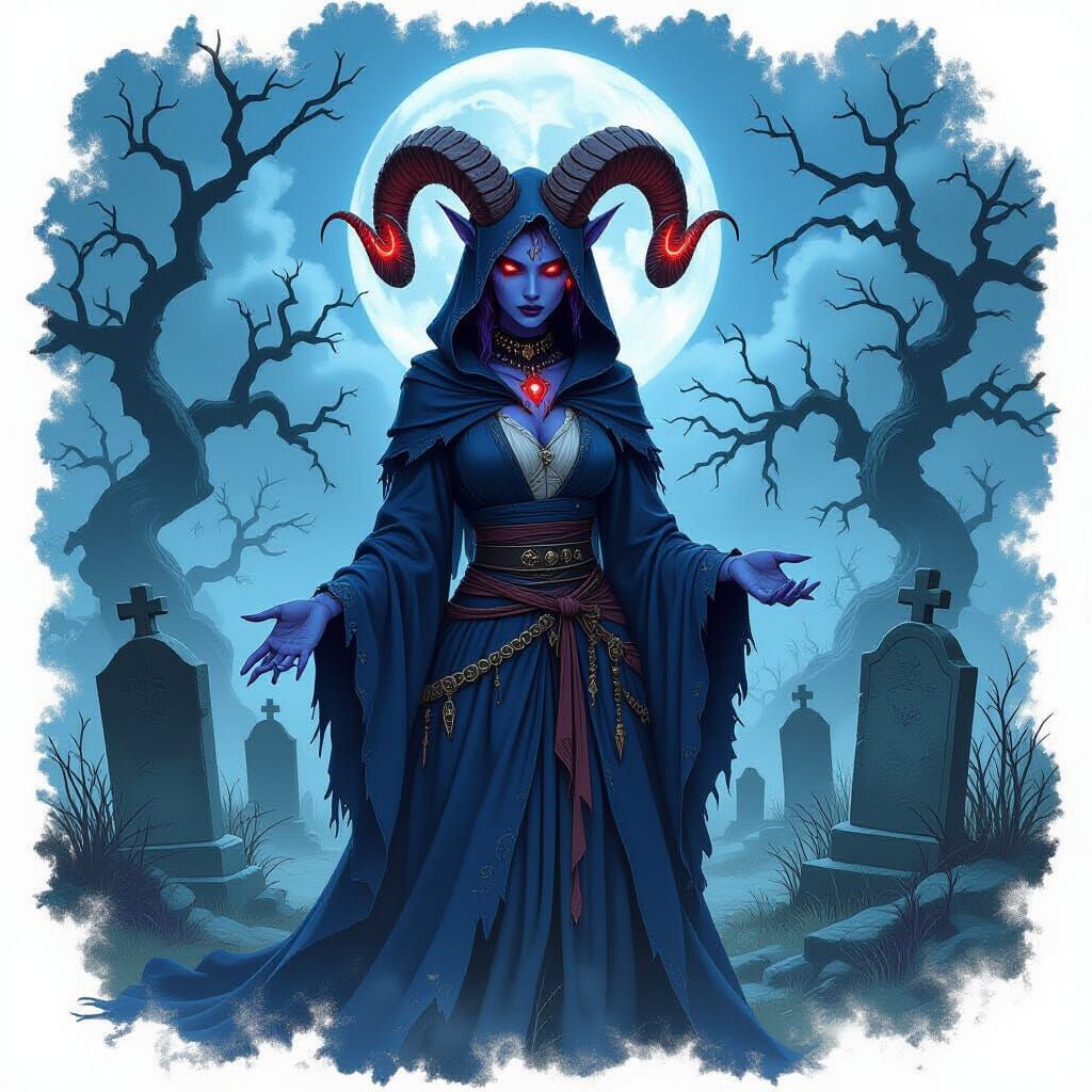 Tiefling Witch in Graveyard, Dark Fantasy Art