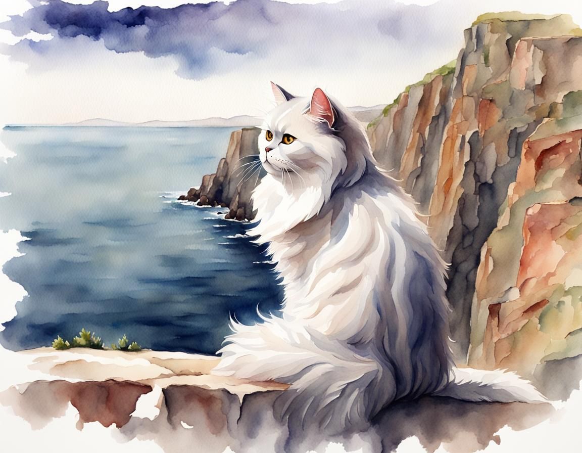 Persian Cat Contemplates Sea in Watercolor