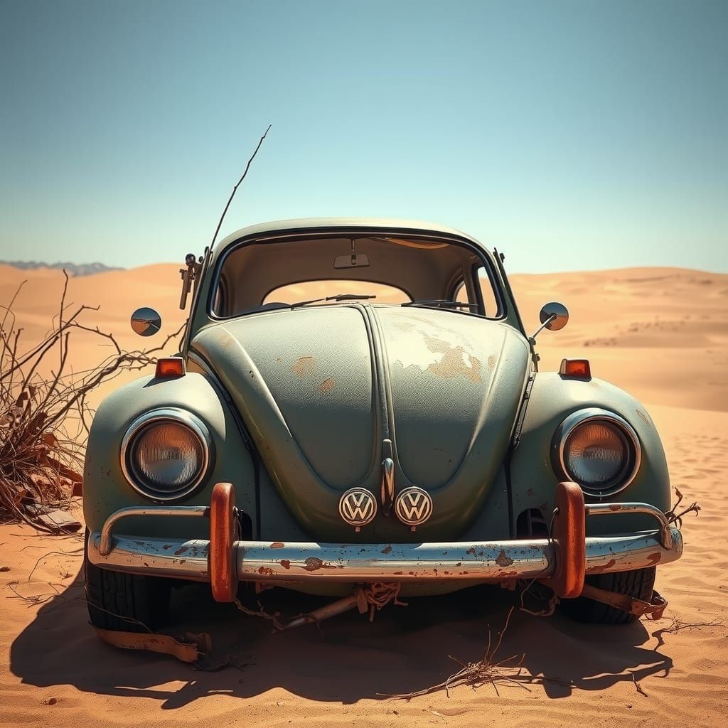 Desert Relic: Vintage Beetle in Surreal Decay