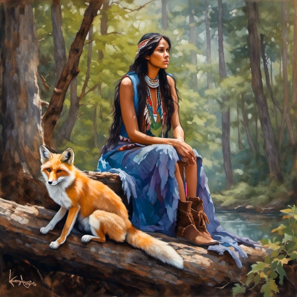 Native American Woman with Fox in Gouache Style