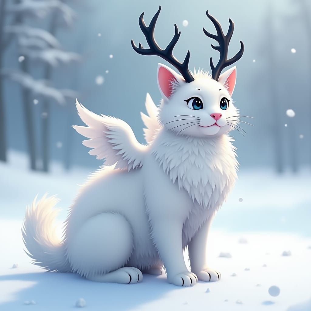 Anime Cat with Antlers and Wings in Snowy Landscape