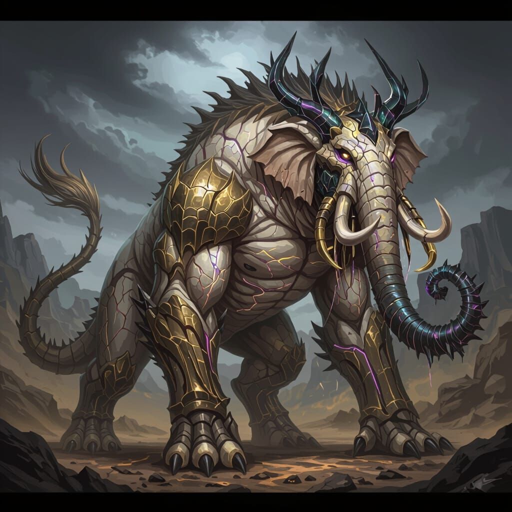 Colossal Rock Beast with Violet Energy and Obsidian Horns