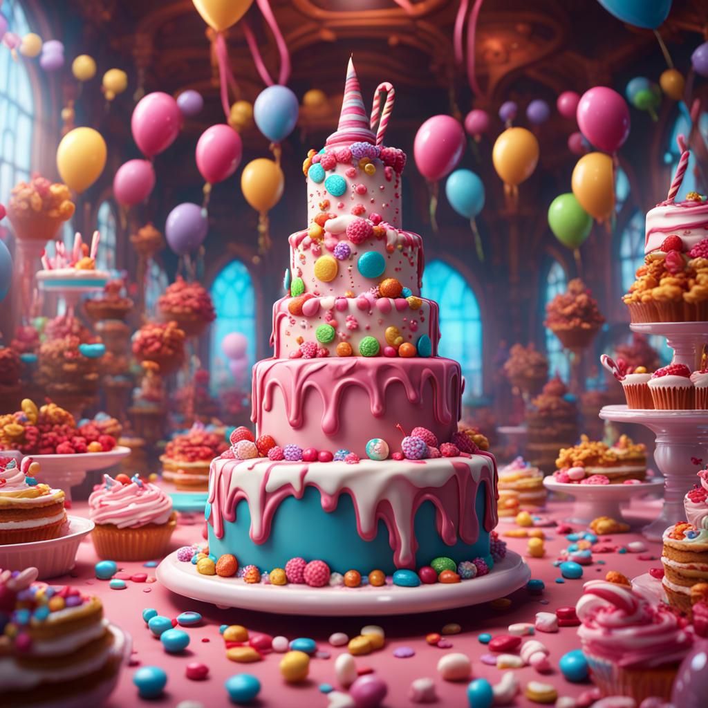 Candy Wonderland Birthday Cake, Detailed Fantasy Art