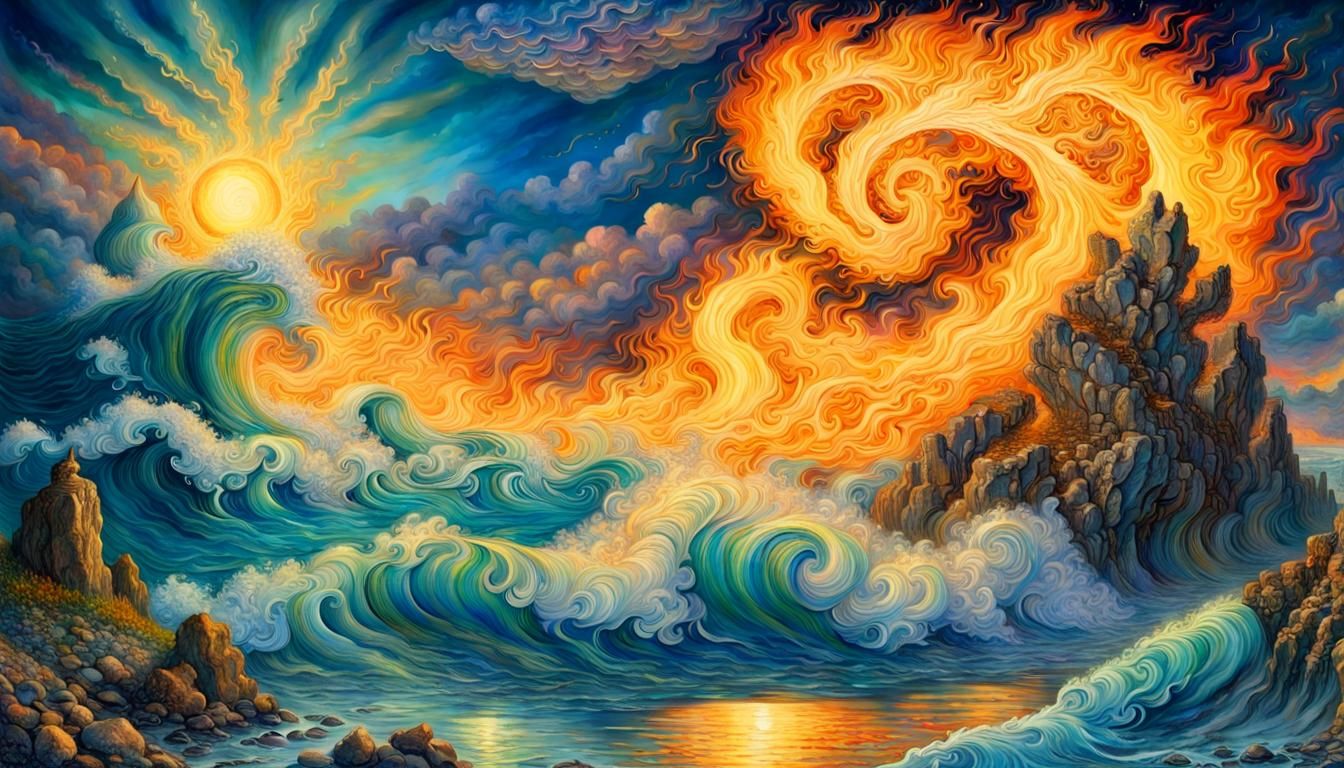 Fire and Ocean Landscape in Surreal Style