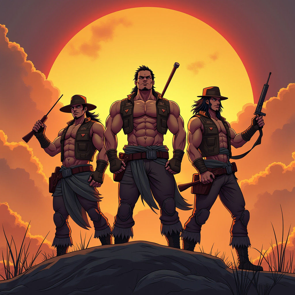 Heroic Manga Hunters at Sunset in Studio Trigger Style