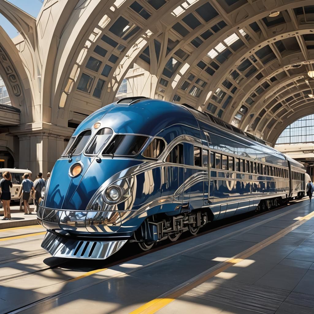Art Deco Train Arriving at Futuristic Station
