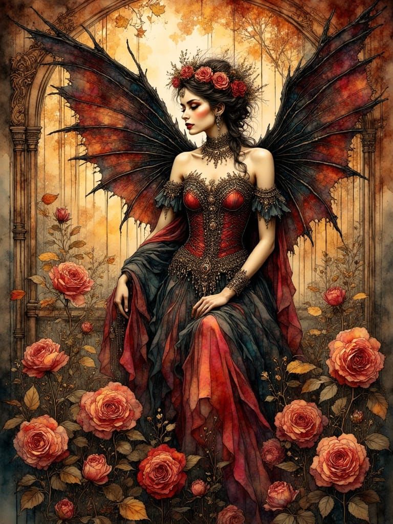Dark Fairy Queen with Dragon Wings in Autumn Garden
