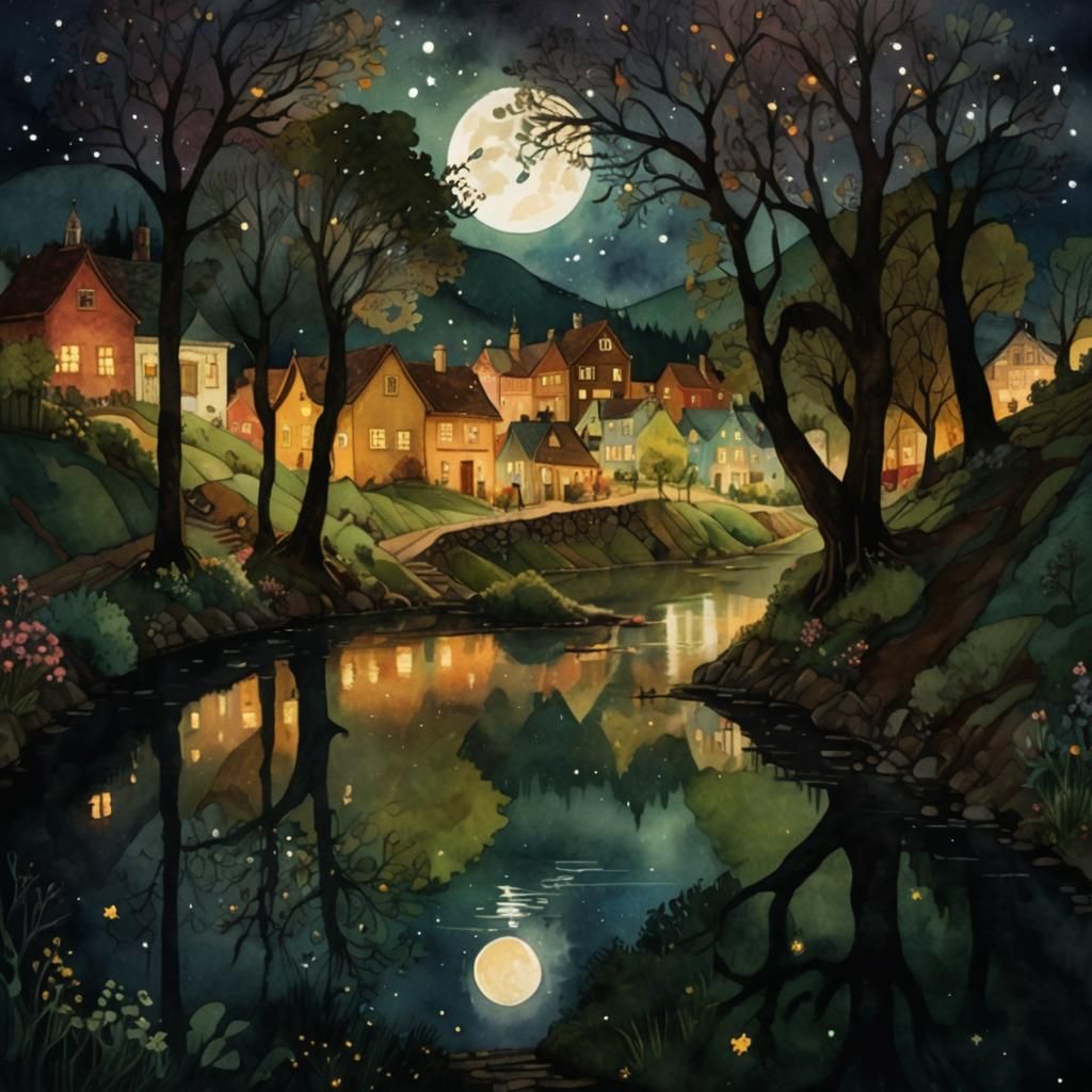 Whimsical Night Village: Watercolor and Zentangle Landscape