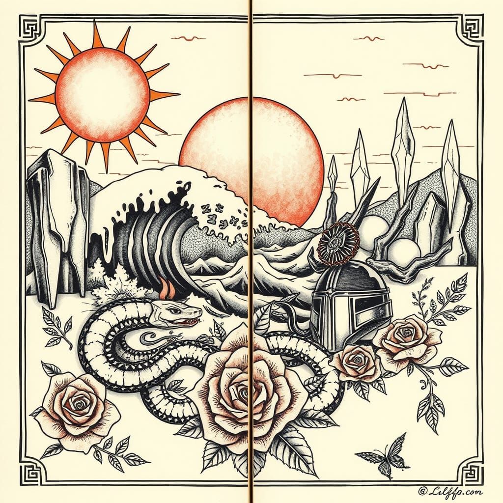 Tattoo Art Diptych: Sun, Waves, and Mystical Elements