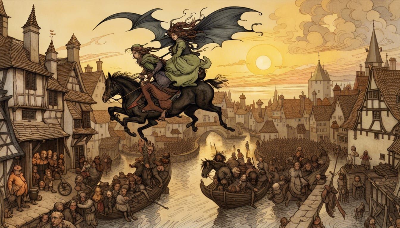 Witch Rides Goblin over Medieval Village