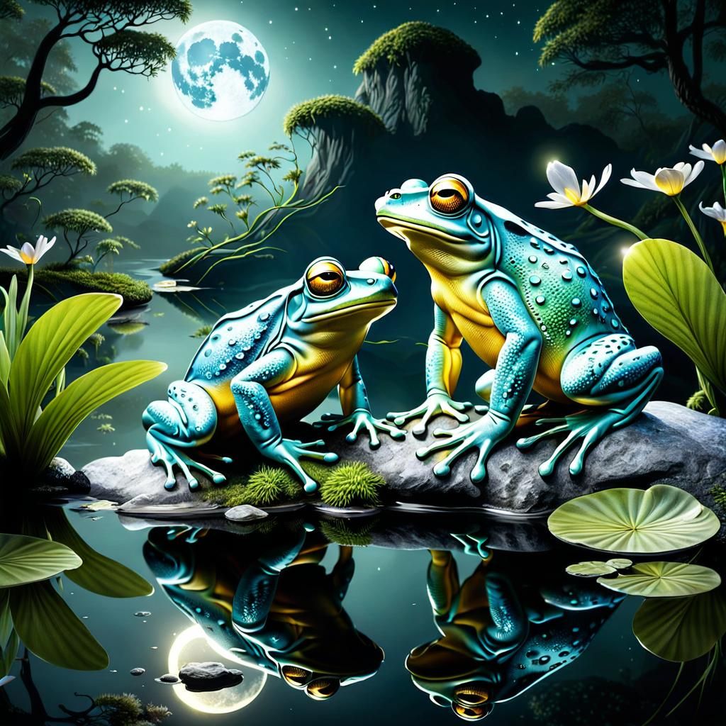 Glowing Moon Frogs in Mystical Forest Pond