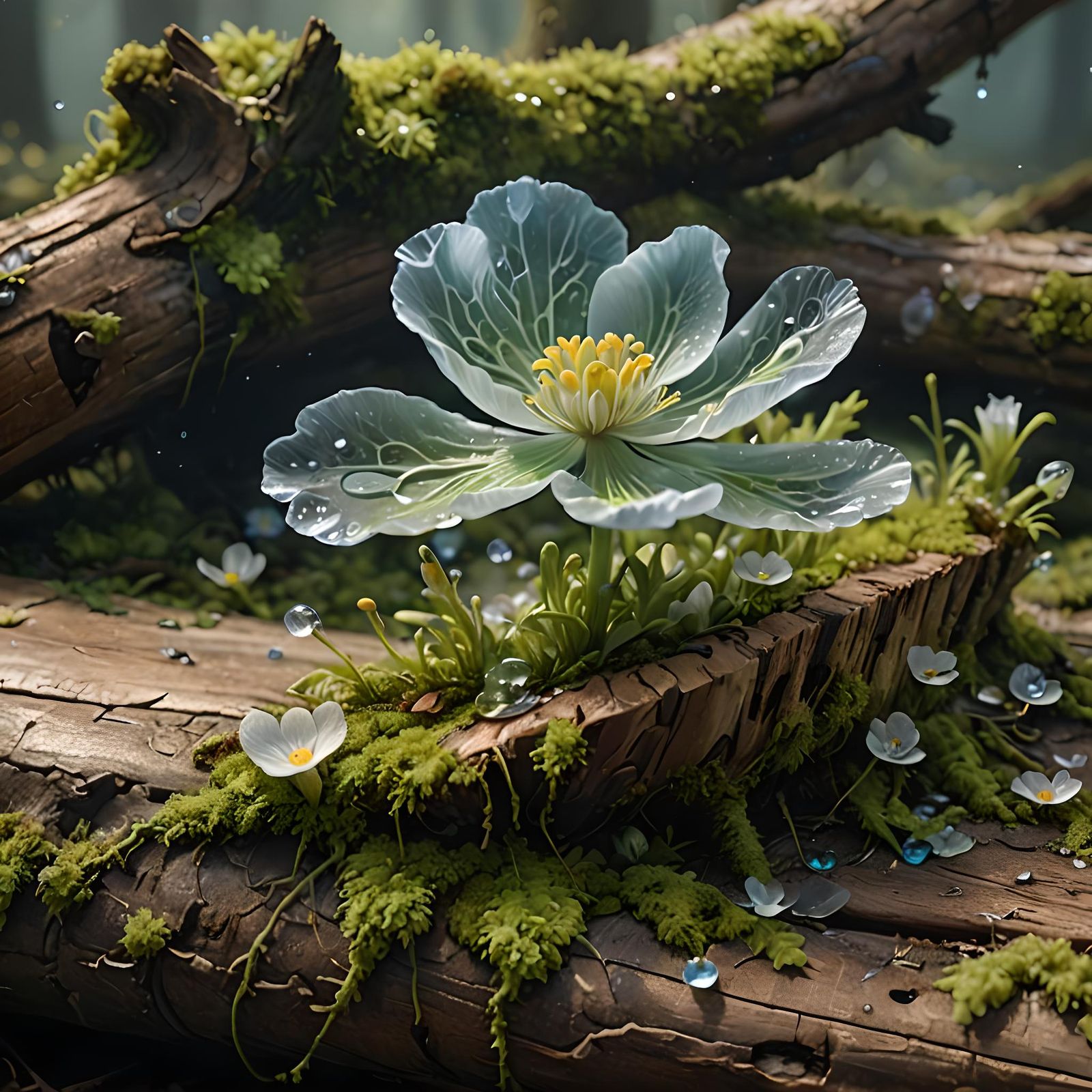 Magical Bioluminescent Flower on a Log