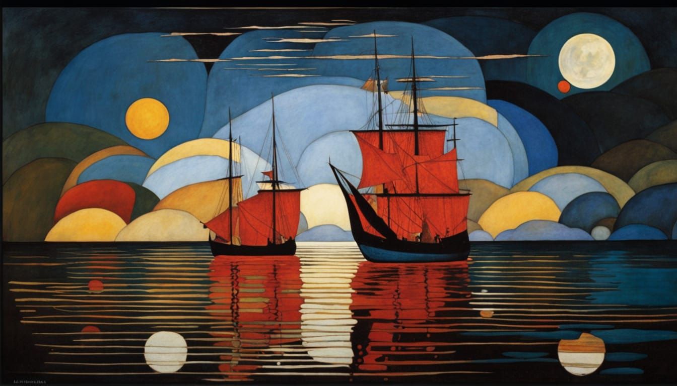 Dreamlike Art Nouveau Boats in an Enchanted Forest