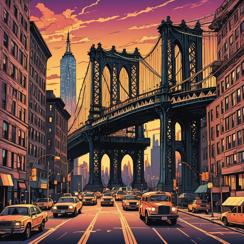 Manhattan Bridge Retro Illustration at Sunset