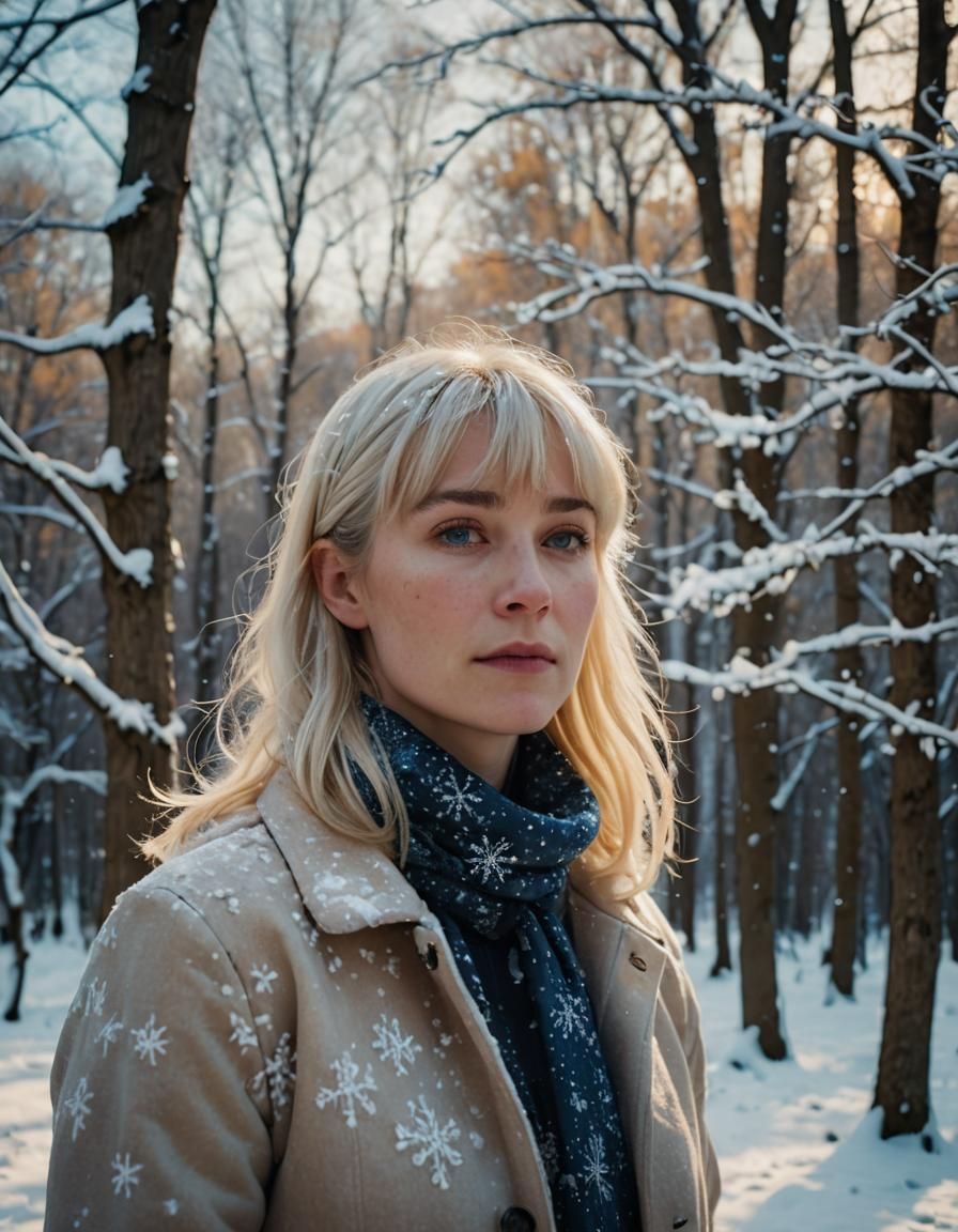 Woman with Blonde Hair in Snowy Landscape