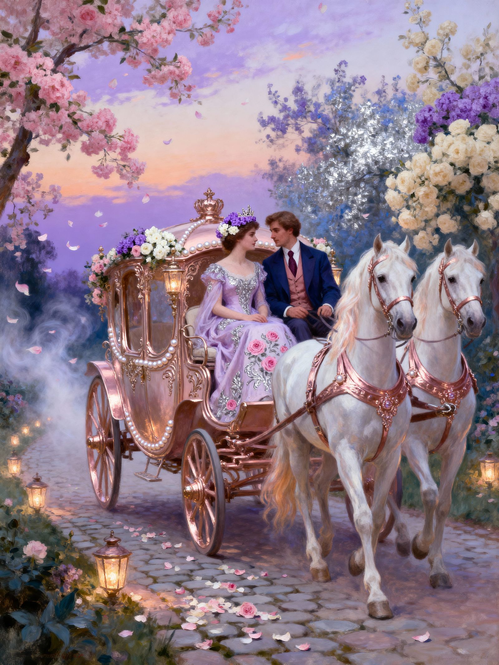 Fairytale Carriage Scene with Couple in Garden