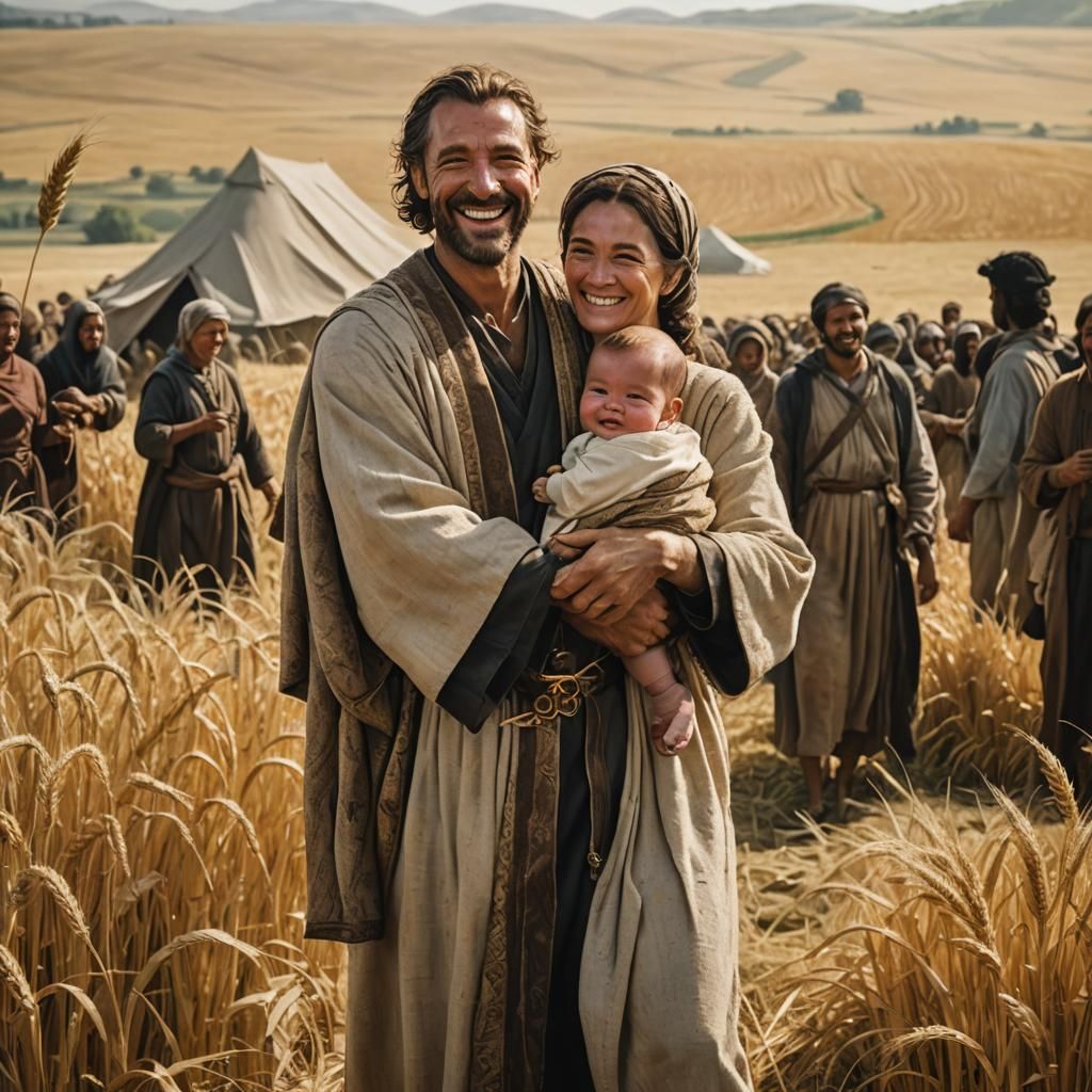 Biblical Scene: Boaz, Ruth, and Obed in Wheat Field